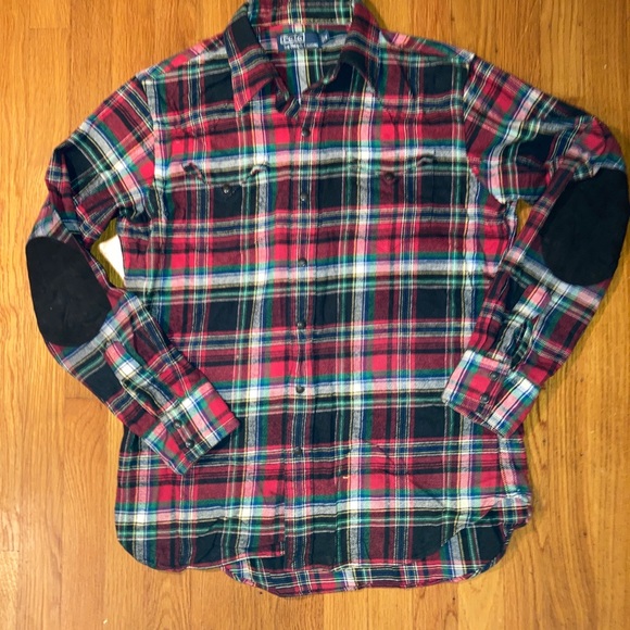 Polo Ralph Lauren Western Patch Suede Elbow Snap Plaid Flannel Shirt - Picture 6 of 11